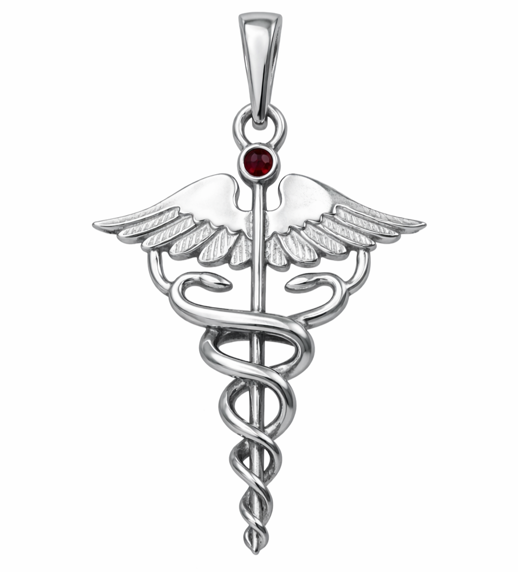 Stříbrný přívěsek Symboly medicíny Lékařská hůl s českým granátem
