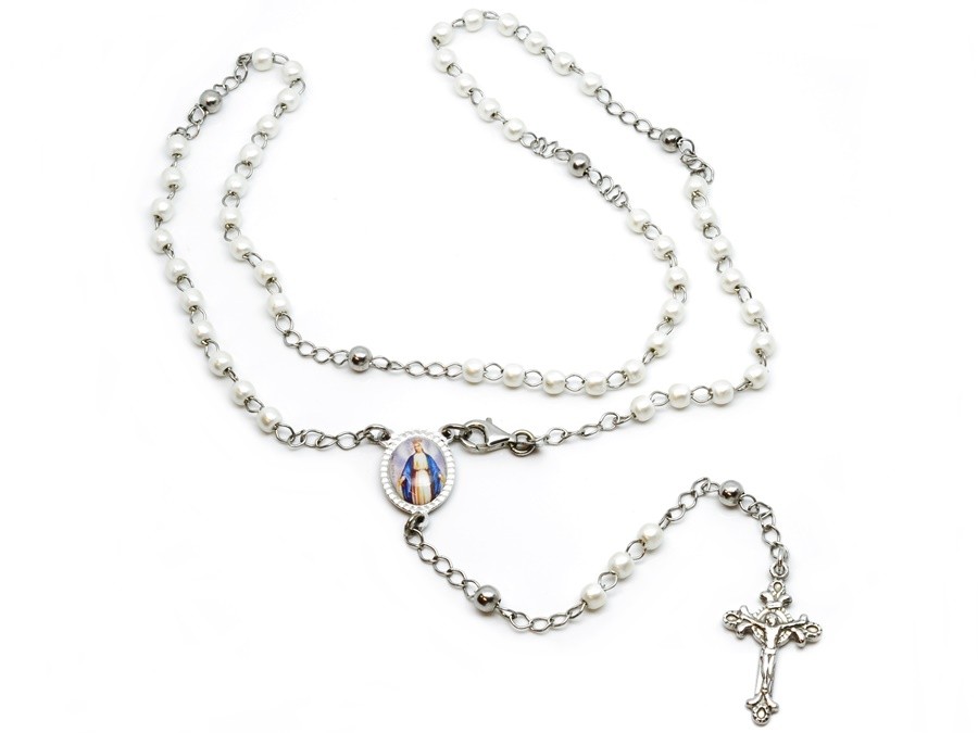 Aranys Stříbrný náhrdelník růženec s perleťovými korálky 02771