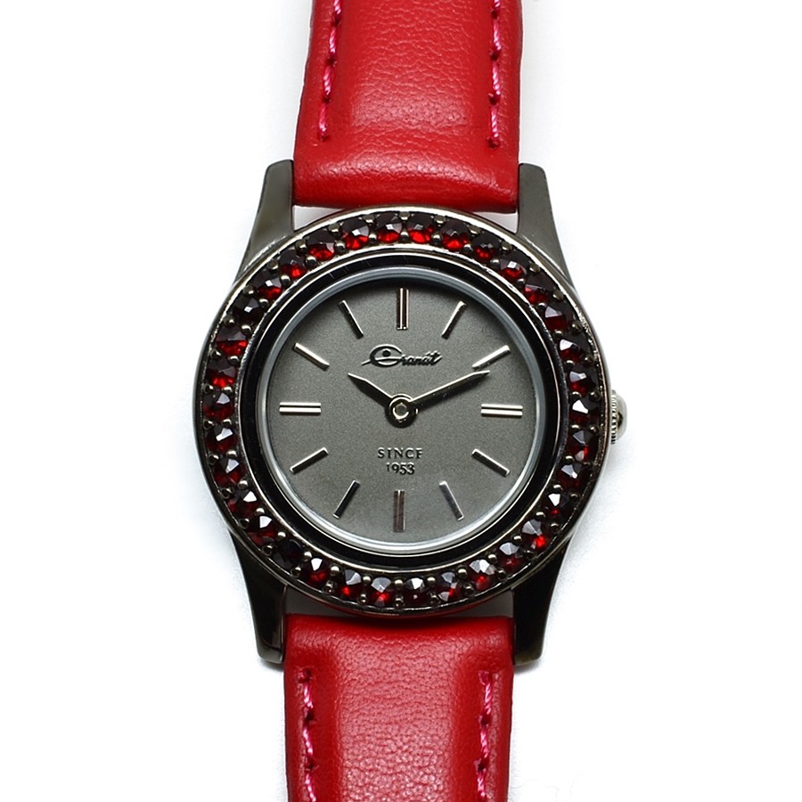 Hodinky český granát červené kulaté Halika, Rhodiování