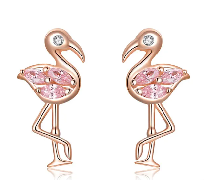 Levně Stříbrné náušnice plameňák se zirkony rose gold Arion