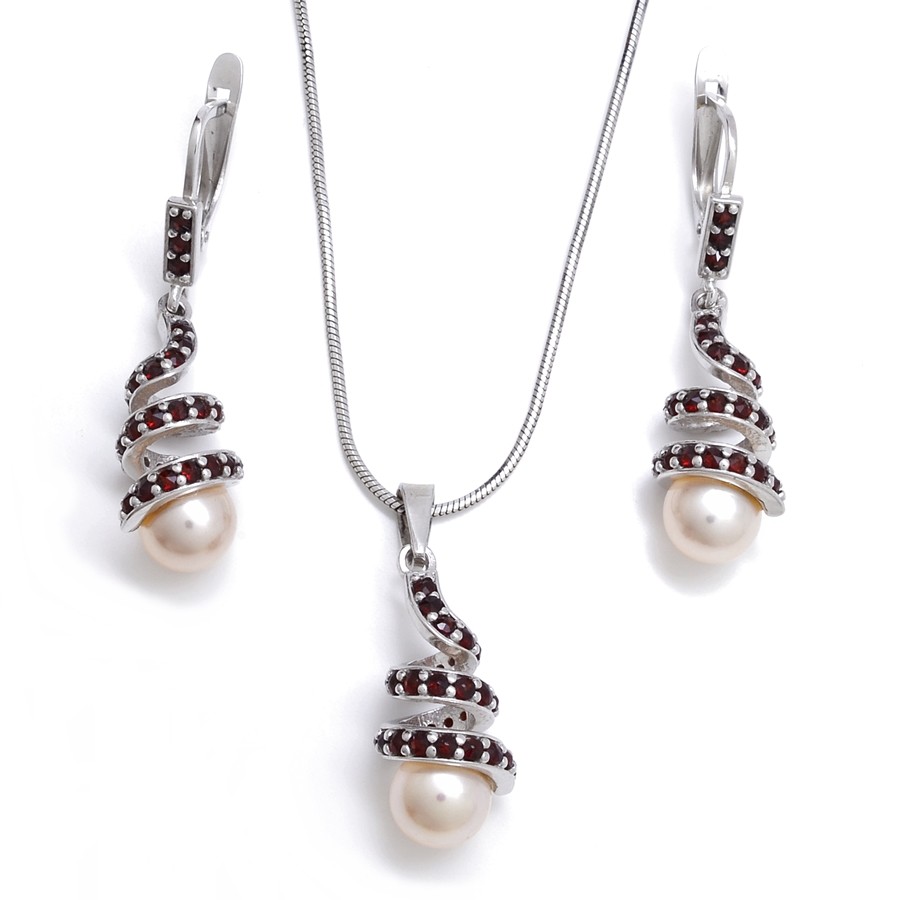 Granát Stříbrné náušnice český granát a perla, Bílá, Rhodiování 01632
