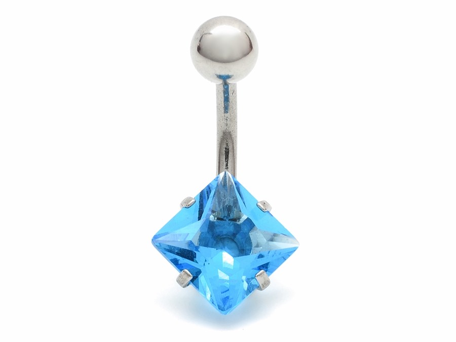 Levně Ocelový piercing do pupíku modrý zirkon