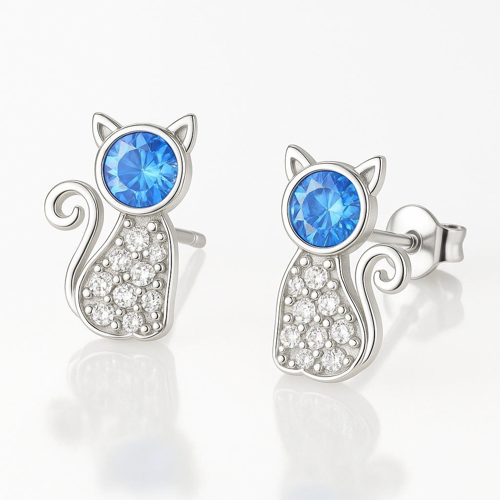 Stříbrné náušnice kočky s modrým zirkonem Sammael