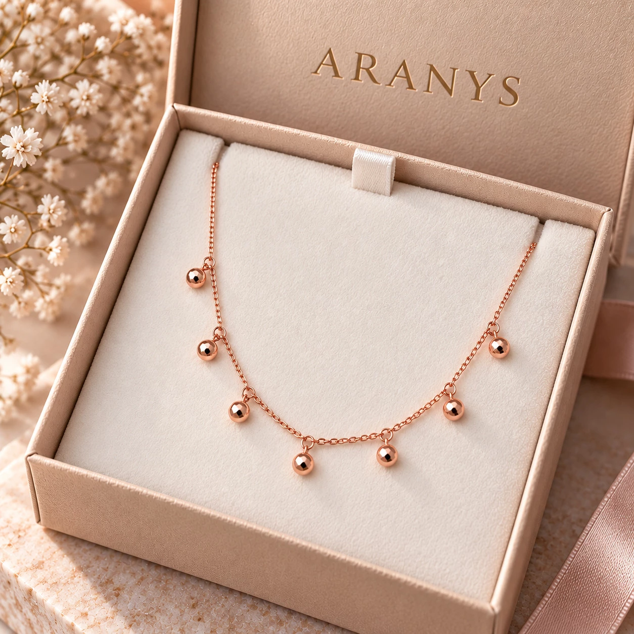 Ocelový rose gold náhrdelník s kuličkami Ganna