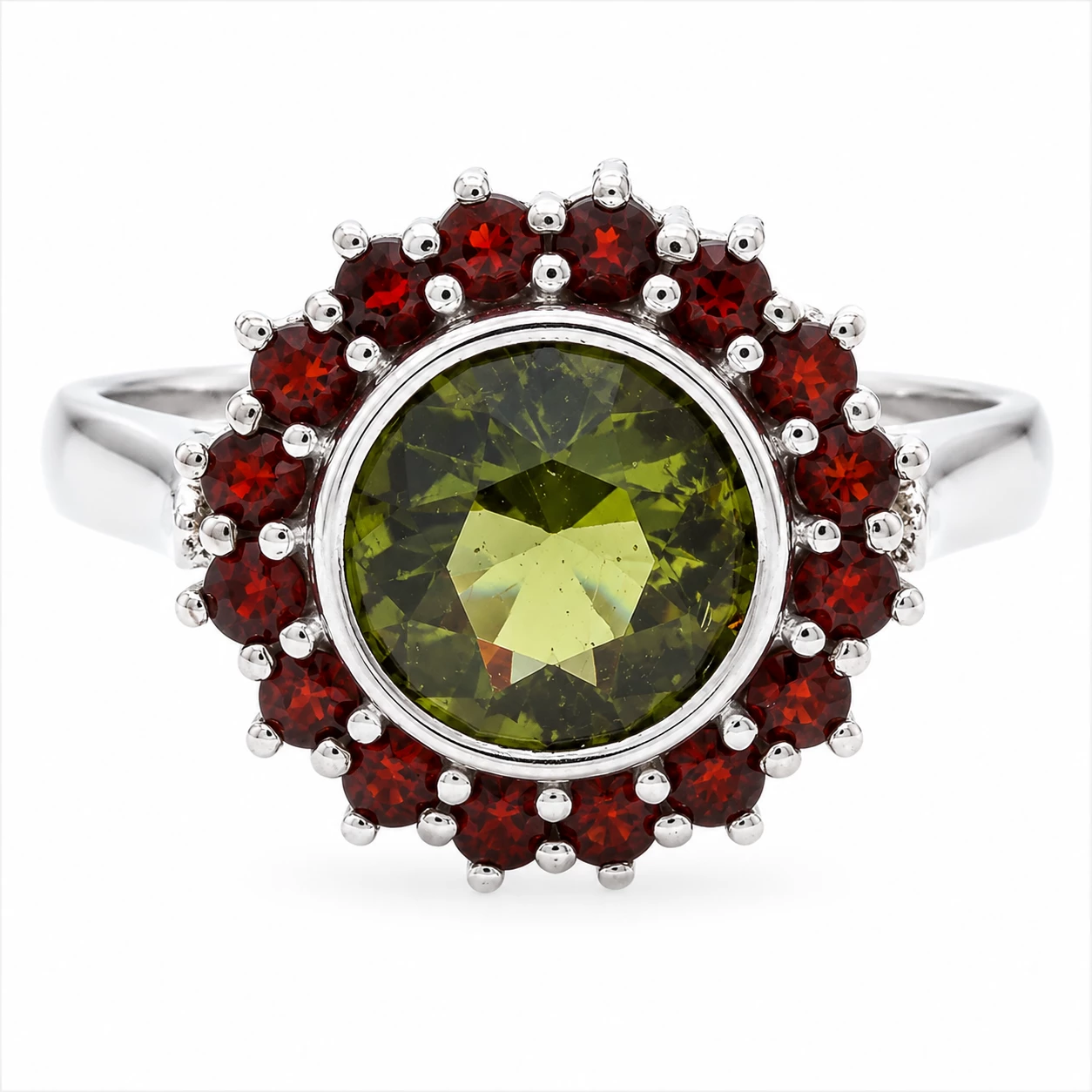 Stříbrný prsten s vltavínem a českým granátem Finella