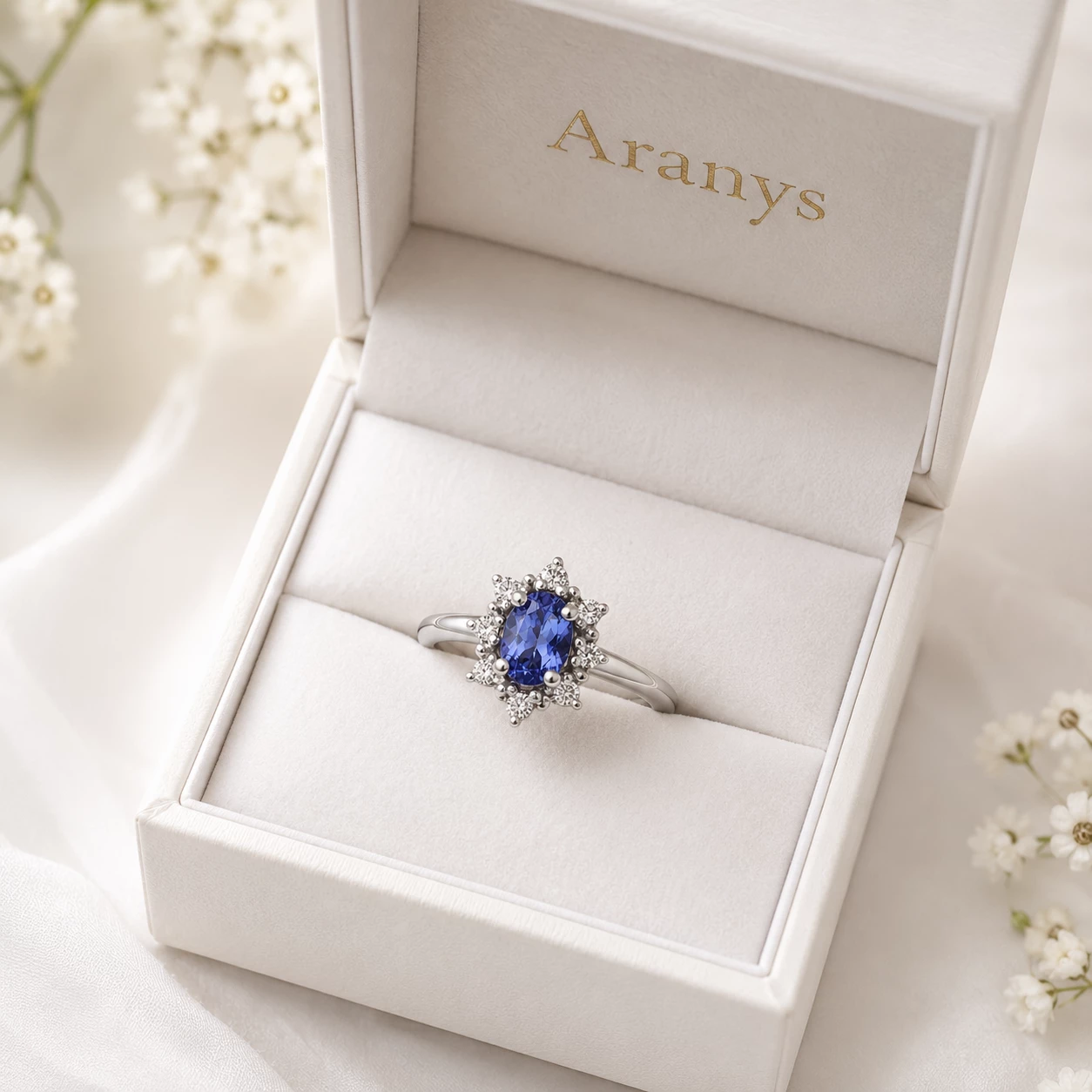 Zlatý prsten květ s tanzanitem a diamanty Zirelia