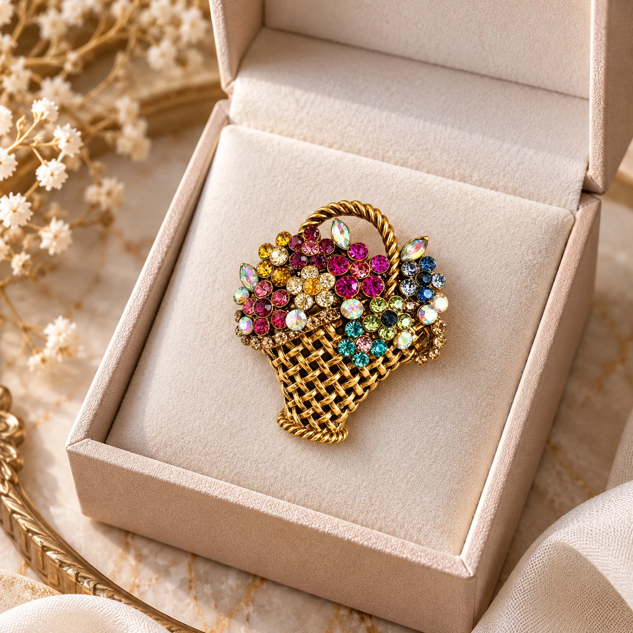 Brož Květinový košík s krystaly Swarovski