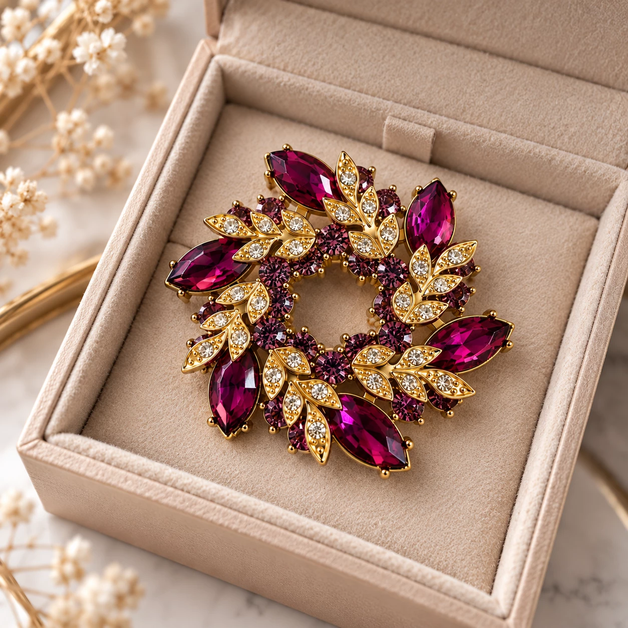 Brož Růžový věnec s krystaly Swarovski