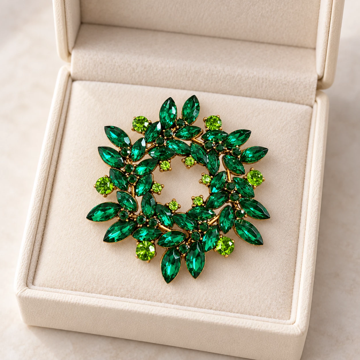Brož Zelený věnec s krystaly Swarovski