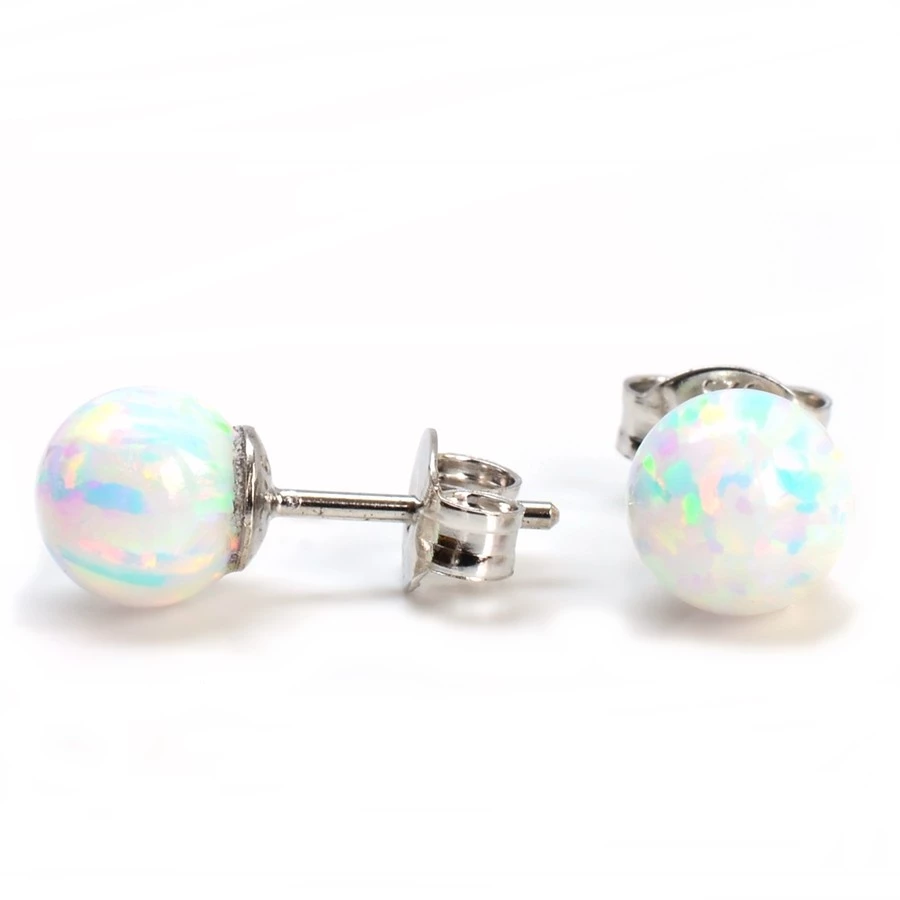 Stříbrné náušnice kulička - bílý, modrý a růžový opál, 6 mm