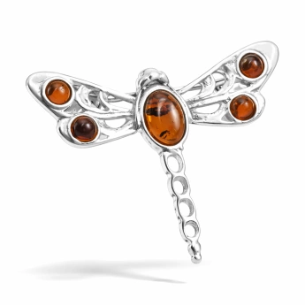 Stříbrná brož Vážka s jantarem