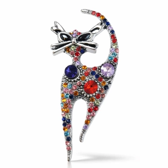 Brož Kočka s barevnými krystaly Swarovski