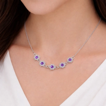Stříbrný náhrdelník ametyst kytičky Bokr