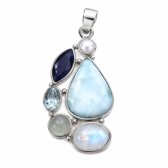 Stříbrný přívěsek s larimarem, měsíčním kamenem, ametystem a lapis lazuli Sloane