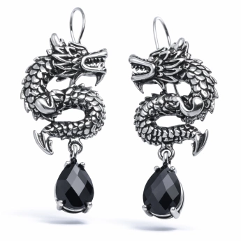 Stříbrné náušnice drak s onyxem Noctis