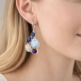 Stříbrné náušnice s larimarem, měsíčním kamenem, akvamarínem a lapisem lazuli Sloane