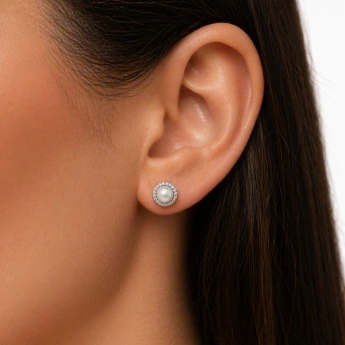 Stříbrné náušnice s říční perlou a zirkony Seliora