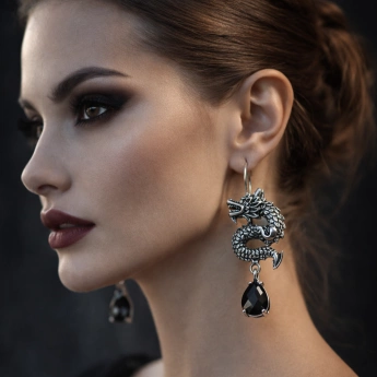 Stříbrné náušnice drak s onyxem Noctis