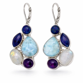 Stříbrné náušnice s larimarem, měsíčním kamenem, akvamarínem a lapisem lazuli Sloane