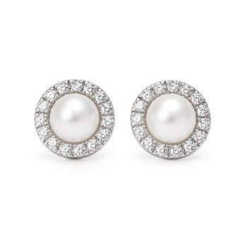 Stříbrné náušnice s říční perlou a zirkony Seliora