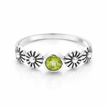 Stříbrný květinový prsten s olivínem Soleil