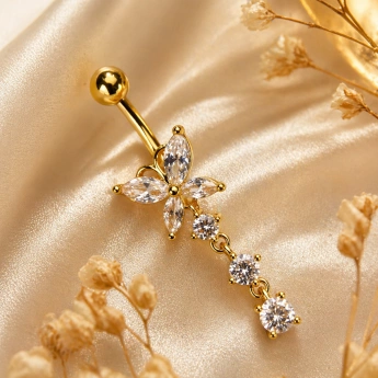 Ocelový zlacený piercing do pupíku motýl se zirkony