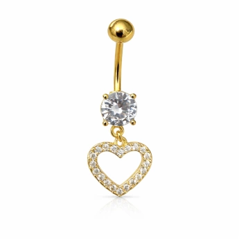 Ocelový zlacený piercing do pupíku srdce se zirkony
