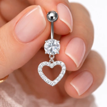 Ocelový piercing do pupíku srdce se zirkony