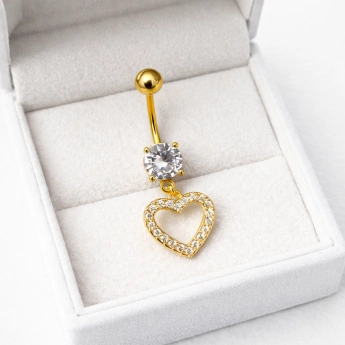 Ocelový zlacený piercing do pupíku srdce se zirkony