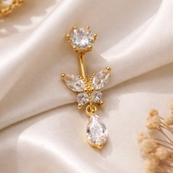 Ocelový zlacený piercing do pupíku motýl se zirkony