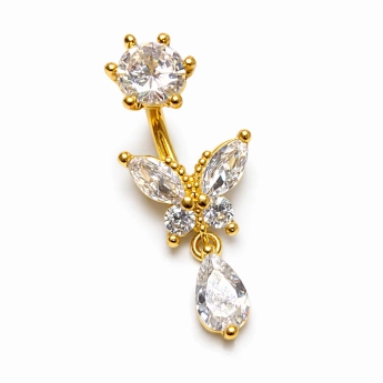 Ocelový zlacený piercing do pupíku motýl se zirkony