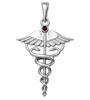 Stříbrný přívěsek Symboly medicíny Lékařská hůl s českým granátem