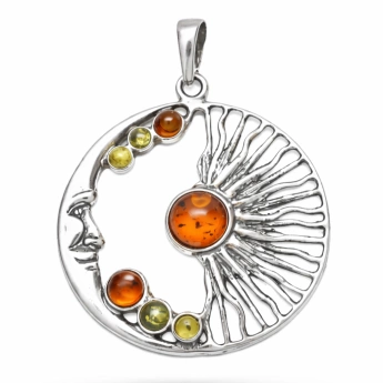 Stříbrný přívěsek Mandala slunce a měsíc s jantarem