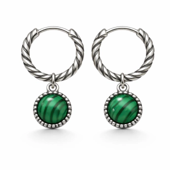 Stříbrné náušnice s přírodním malachitem – kruhy Plér