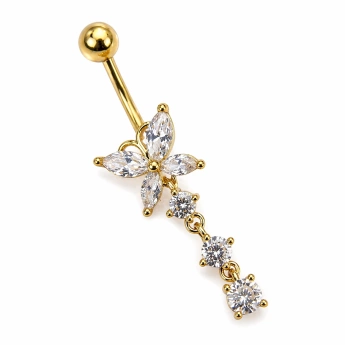 Ocelový zlacený piercing do pupíku motýl se zirkony