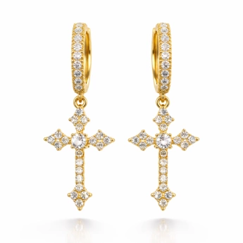 Stříbrné zlacené náušnice křížky s moissanitem Moss
