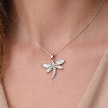 Stříbrný přívěsek vážka s bílým opálem a zirkonem Zamira