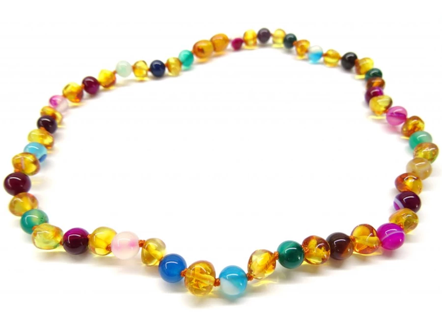 Náhrdelník z jantaru a barevného achátu pro miminko Colira 38 cm