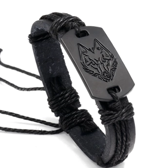 Pánský kožený náramek s motivem vlka – černý