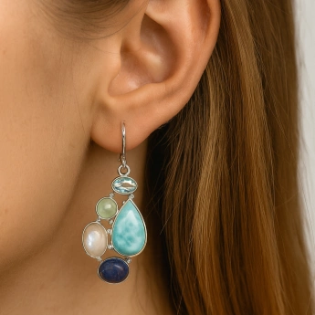 Stříbrné náušnice s Larimarem, Měsíčním kamenem, Akvamarínem a Lapisem Lazuli Sloane