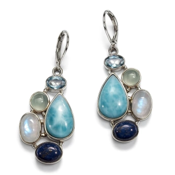 Stříbrné náušnice s Larimarem, Měsíčním kamenem, Akvamarínem a Lapisem Lazuli Sloane