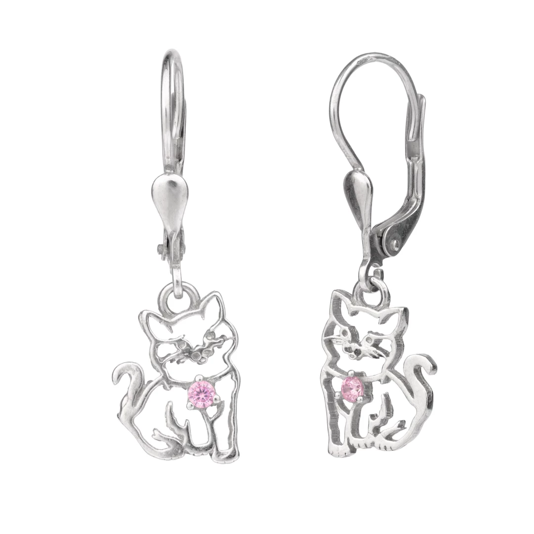 Stříbrné náušnice kočky s růžovým zirkonem Lollien