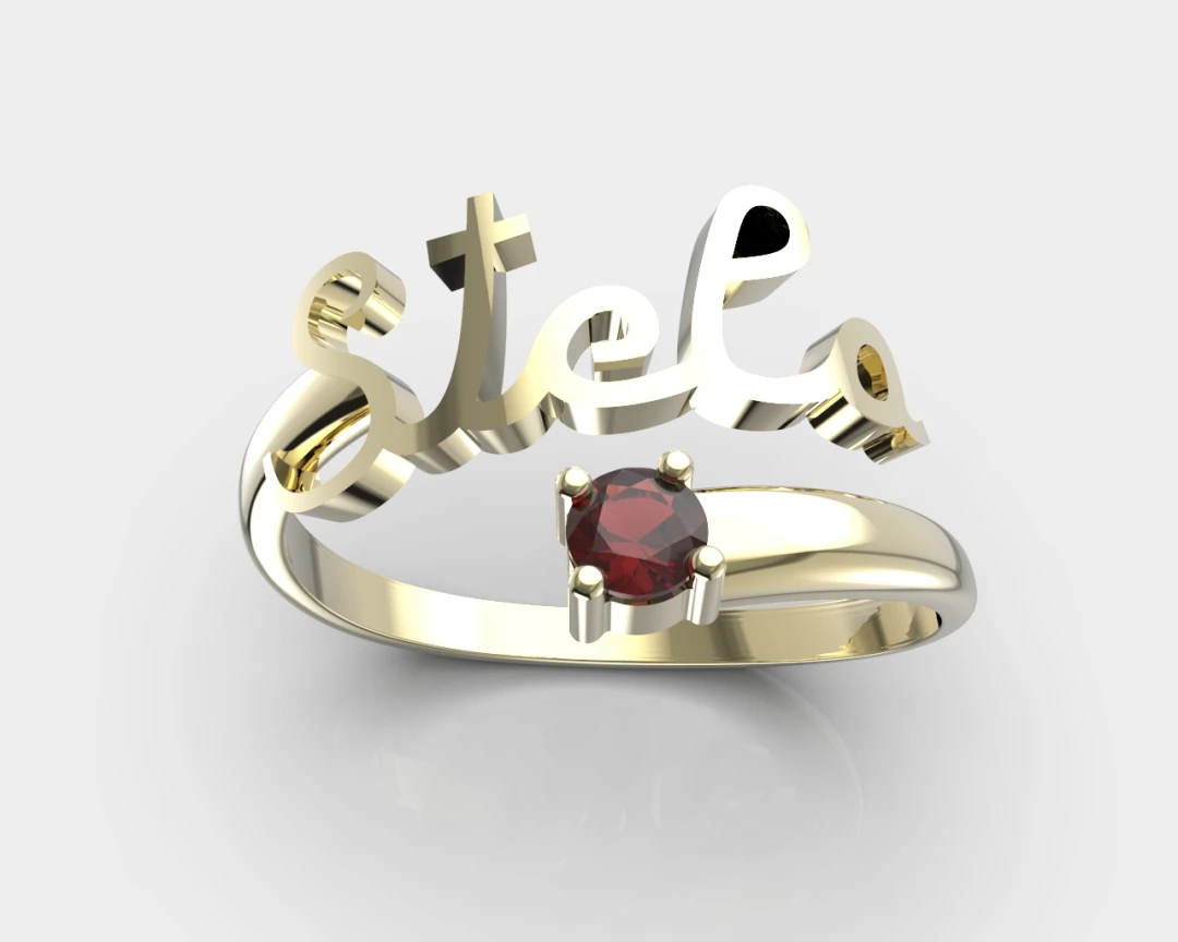 Zlatý prsten se jménem a minerálem Pantelis Český granát, Zlato Au 585/1000