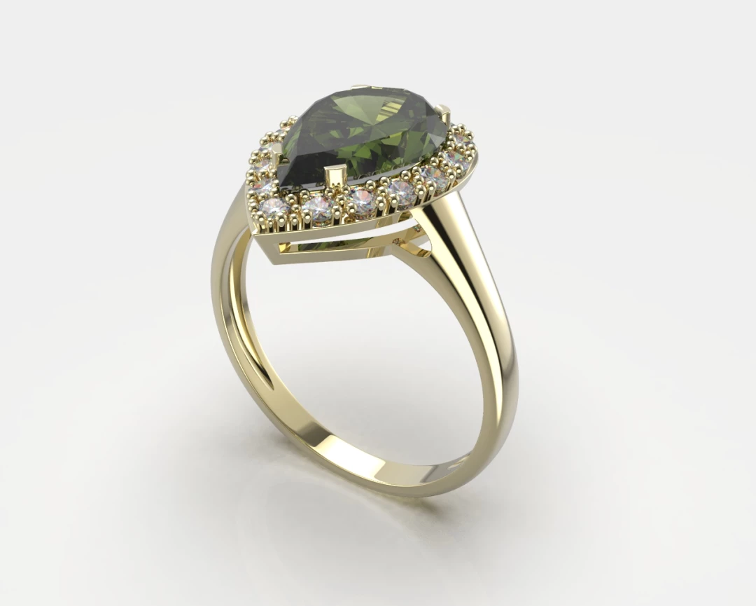 Zlatý prsten s vltavínem a diamanty Essie