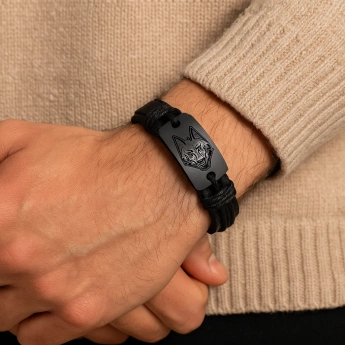 Pánský kožený náramek s motivem vlka – černý