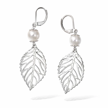 Ocelové náušnice s perlou a jemným listem