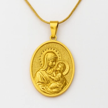 Ocelová madonka s dítětem ve zlatém tónu