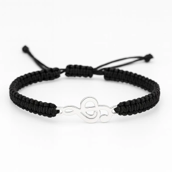 Macramé náramek s houslovým klíčem – černý, ocel