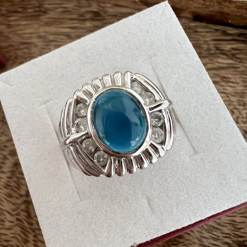 Stříbrný pánský prsten modrý ulexit - kočičí oko, vel. 60