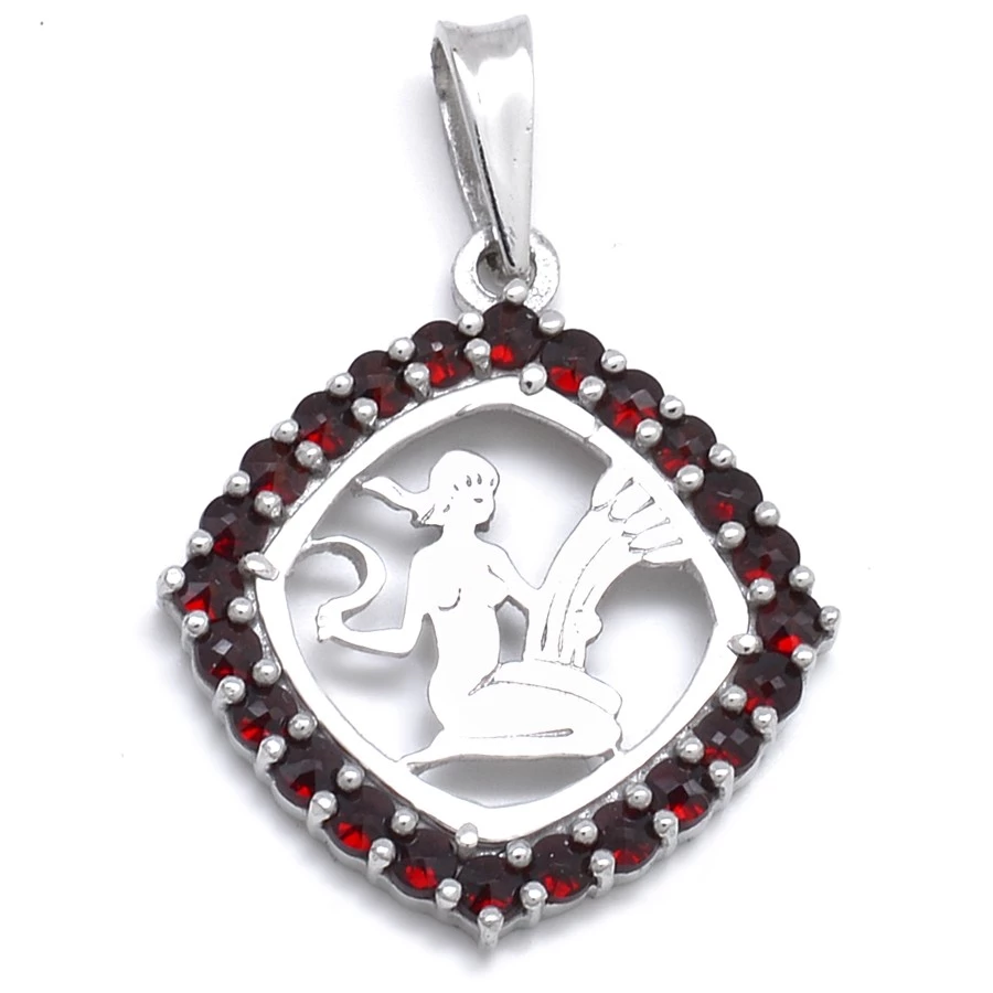 Stříbrný přívěsek český granát - znamení zvěrokruhu Panna, Rhodiování